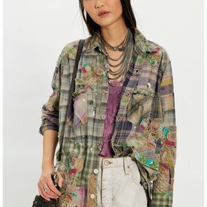 Magnolia Pearl Embroidered Cotton Patchwork Plaid Button-Up Shirt